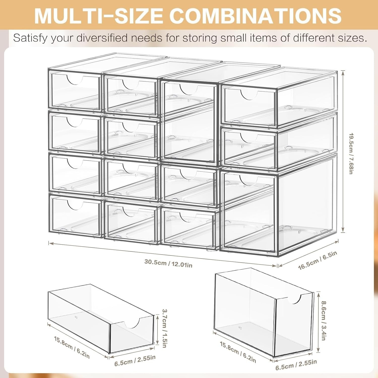14-Drawer Acrylic Desk Organizer Stackable Storage for Makeup & Office