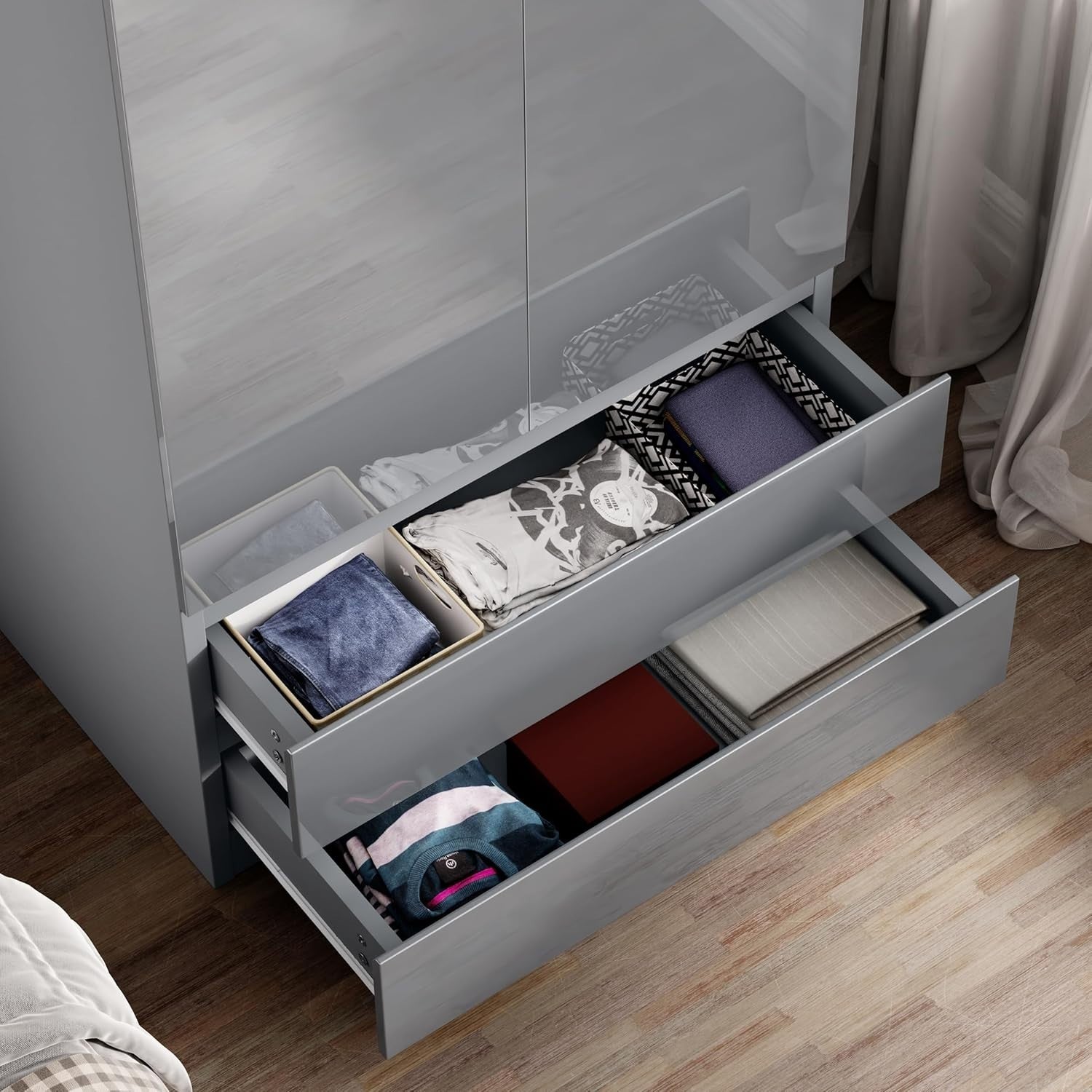 Grey High Gloss Wardrobe 2 Door 2 Drawer Hanging Rail Bedroom Storage