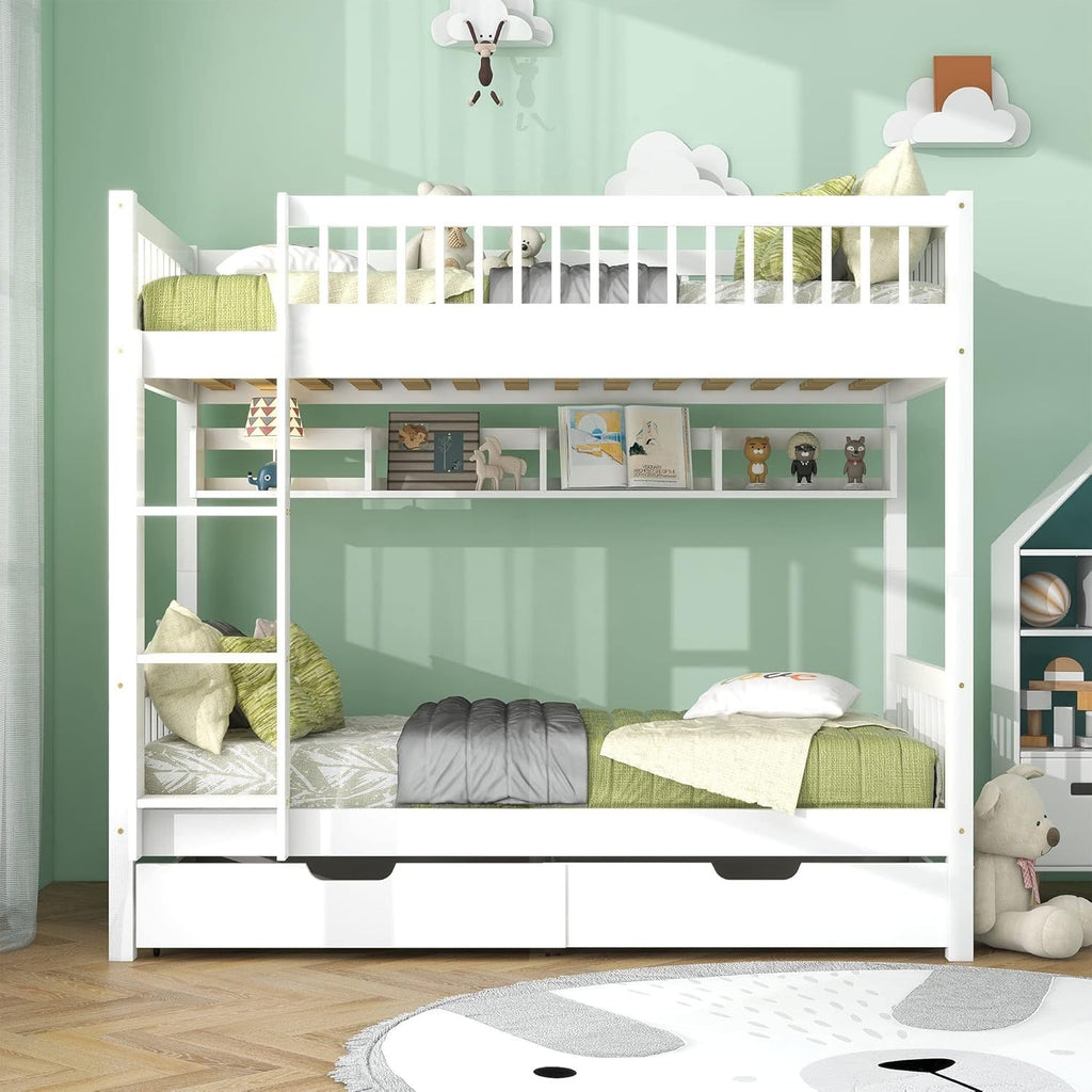 3FT Wooden Bunk Bed Frame with Drawers & Shelf, Storage Kids Bed 90x190cm