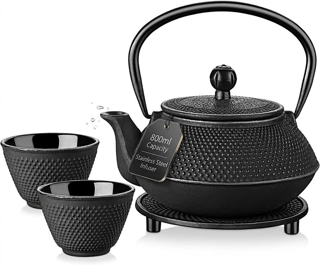 Cast Iron Teapot Set 800ml Japanese Tea Set Infuser Cups Trivet Black