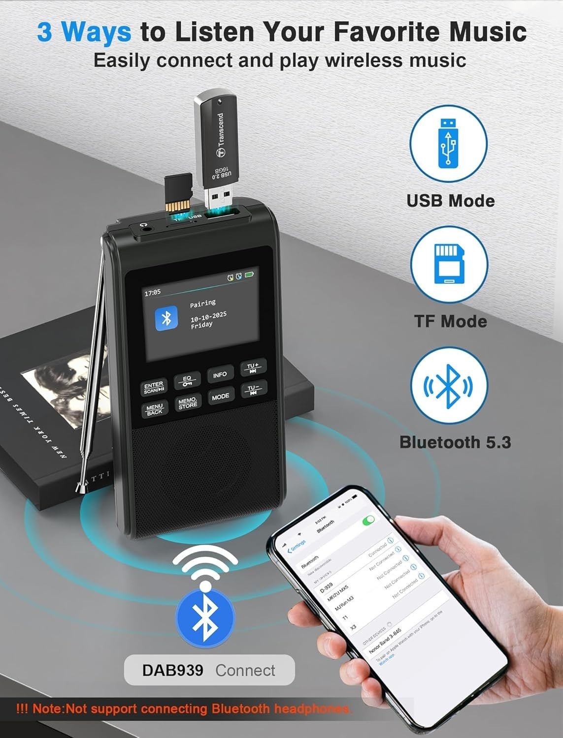 Portable DAB+/FM Radio with Bluetooth, USB/SD MP3 & Dual Alarm
