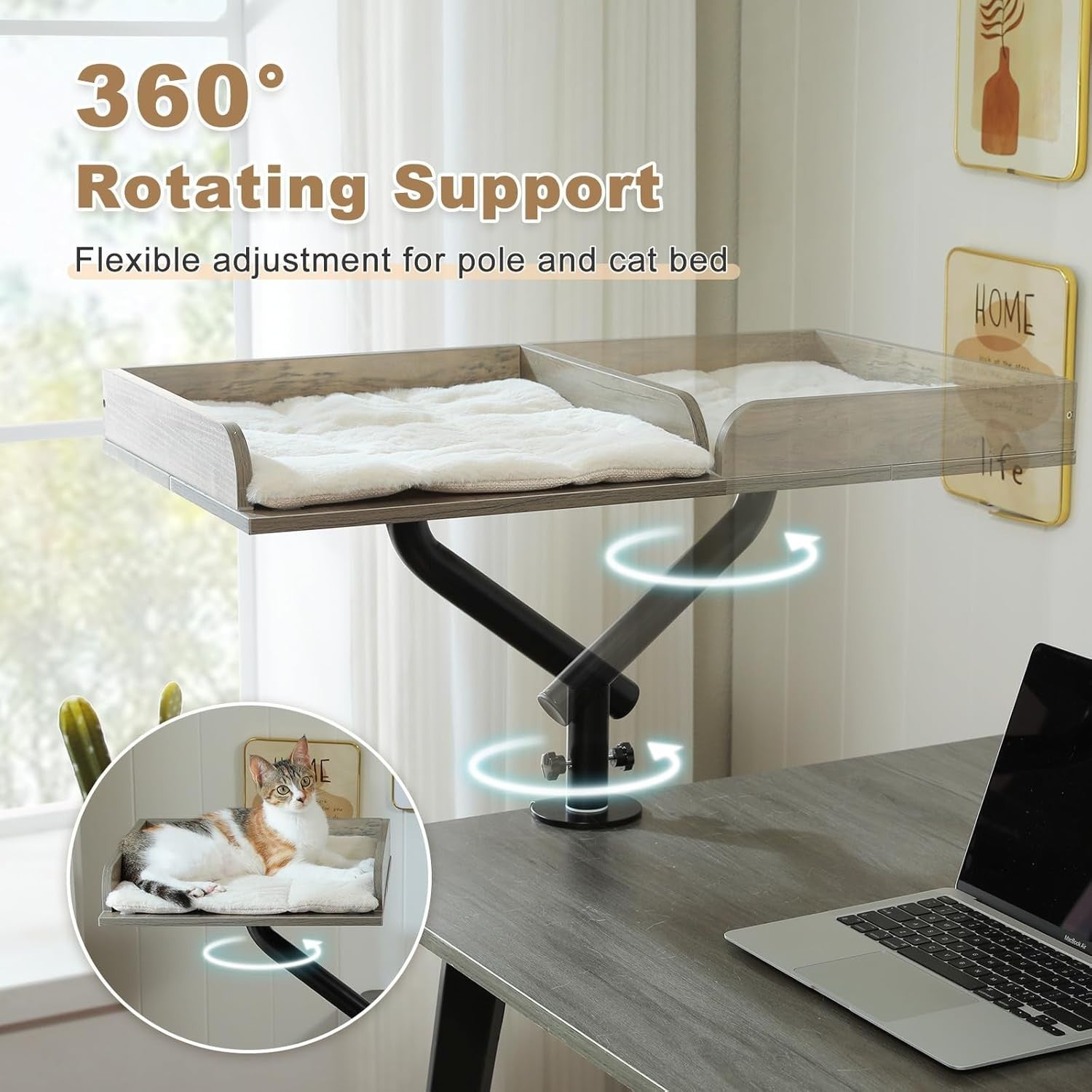 Wooden Desk Cat Bed Rotating Cat Hammock Adjustable Desktop Perch