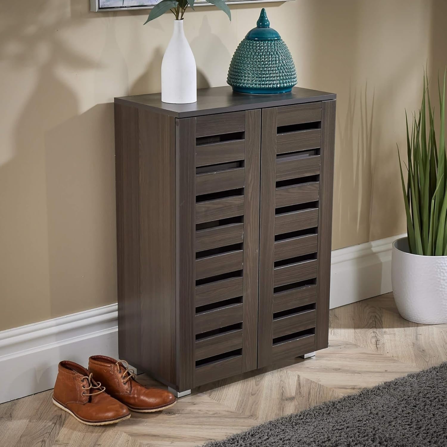 Shoe Storage Cabinet Wooden 2 Door Dark Brown Unit – Slim, Modern, Space-Saving