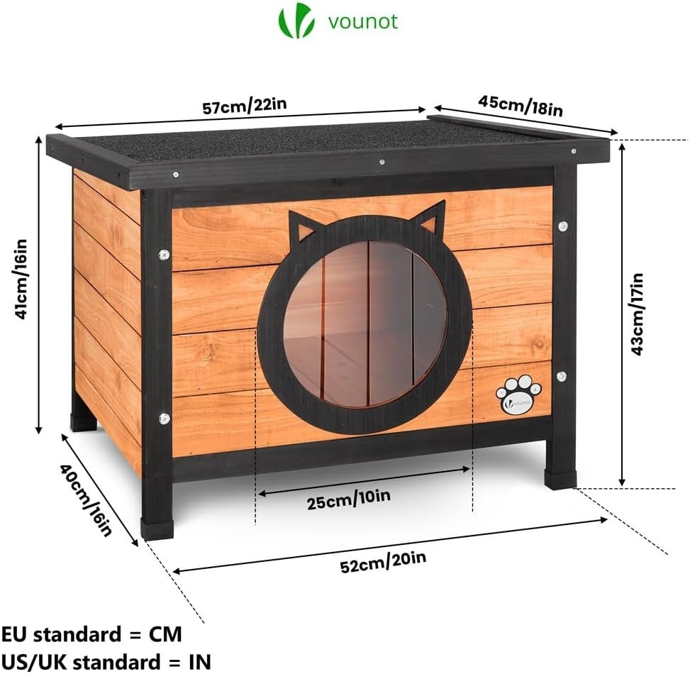 Outdoor Wooden Cat House with Water-Resistant Roof & Cat Ear Door 57x45x43cm