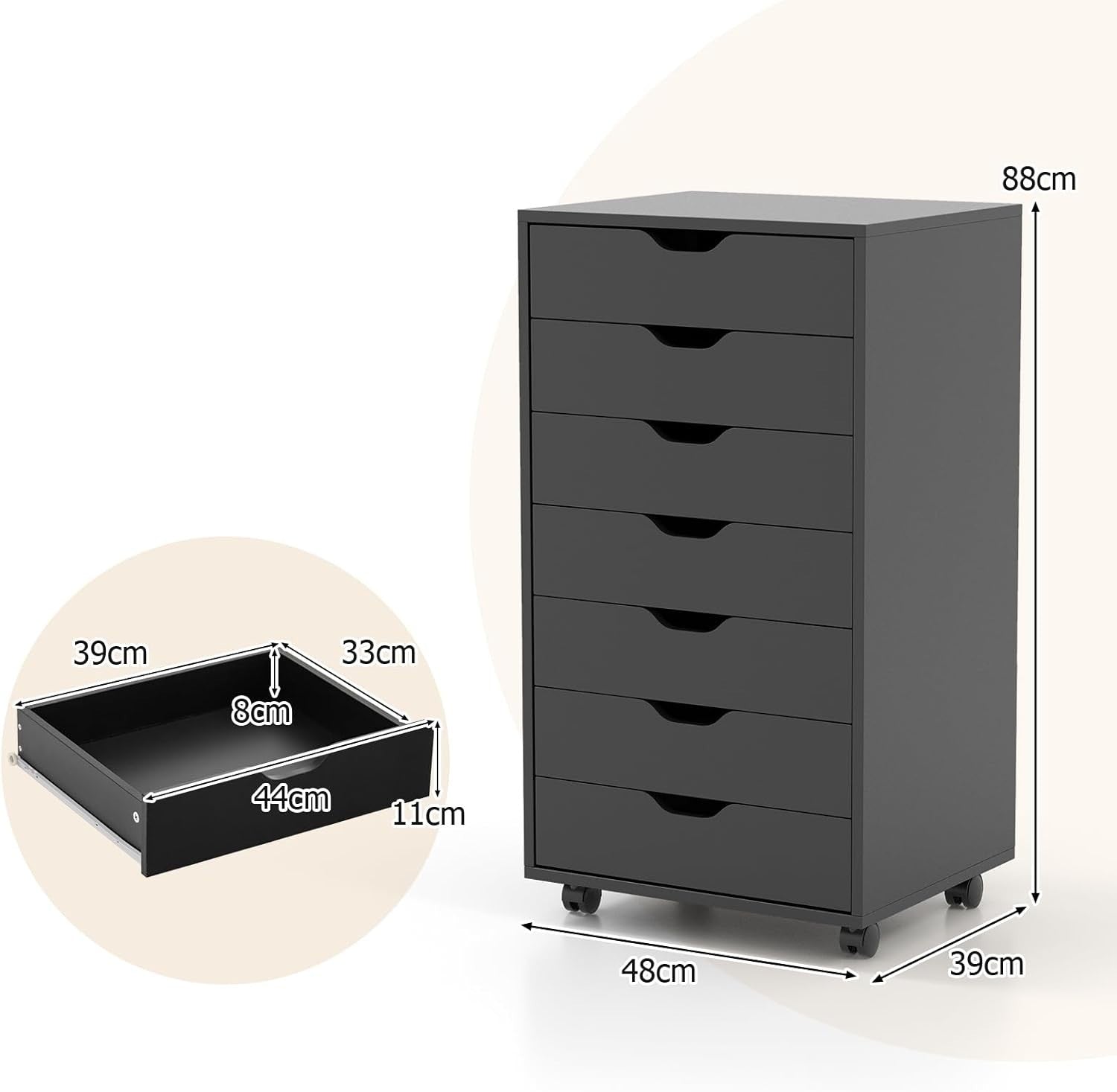 Black Mobile Filing Cabinet 7 Drawer Storage Unit with Wheels for Home Office