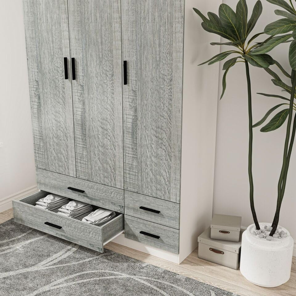 Ash Grey & White Wardrobe 3 Door 4 Drawer Modern Bedroom Storage Cupboard