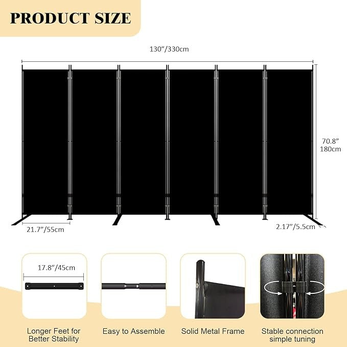 6-Panel Folding Room Divider 6ft Black Privacy Screen Wall for Home Office