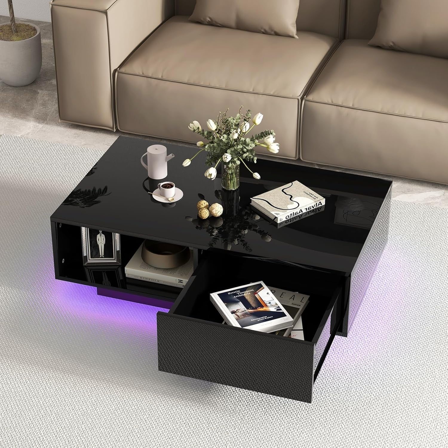 Modern LED Coffee Table with Storage Drawer – 20 Colour Lights, Black