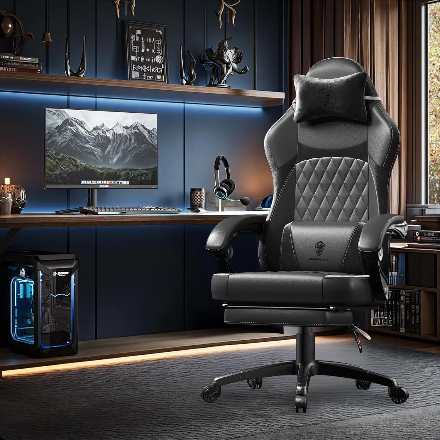 Black Gaming Chair Recliner w/ Footrest Massage 145° Ergonomic