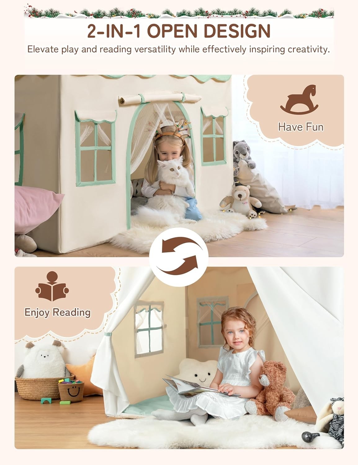 Kids 2in1 Playhouse Tent Bed Canopy with Lights Padded Indoor Green