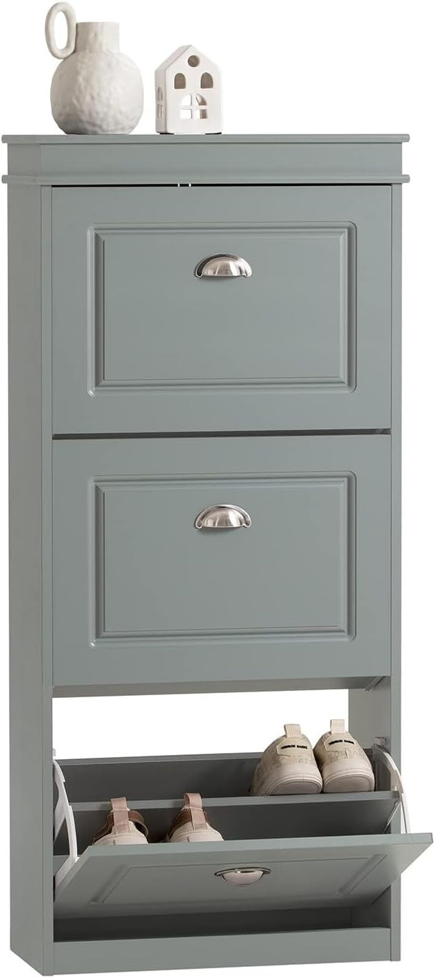 Slim Shoe Storage Cabinet with 3 Flip Drawers & Lockable Design
