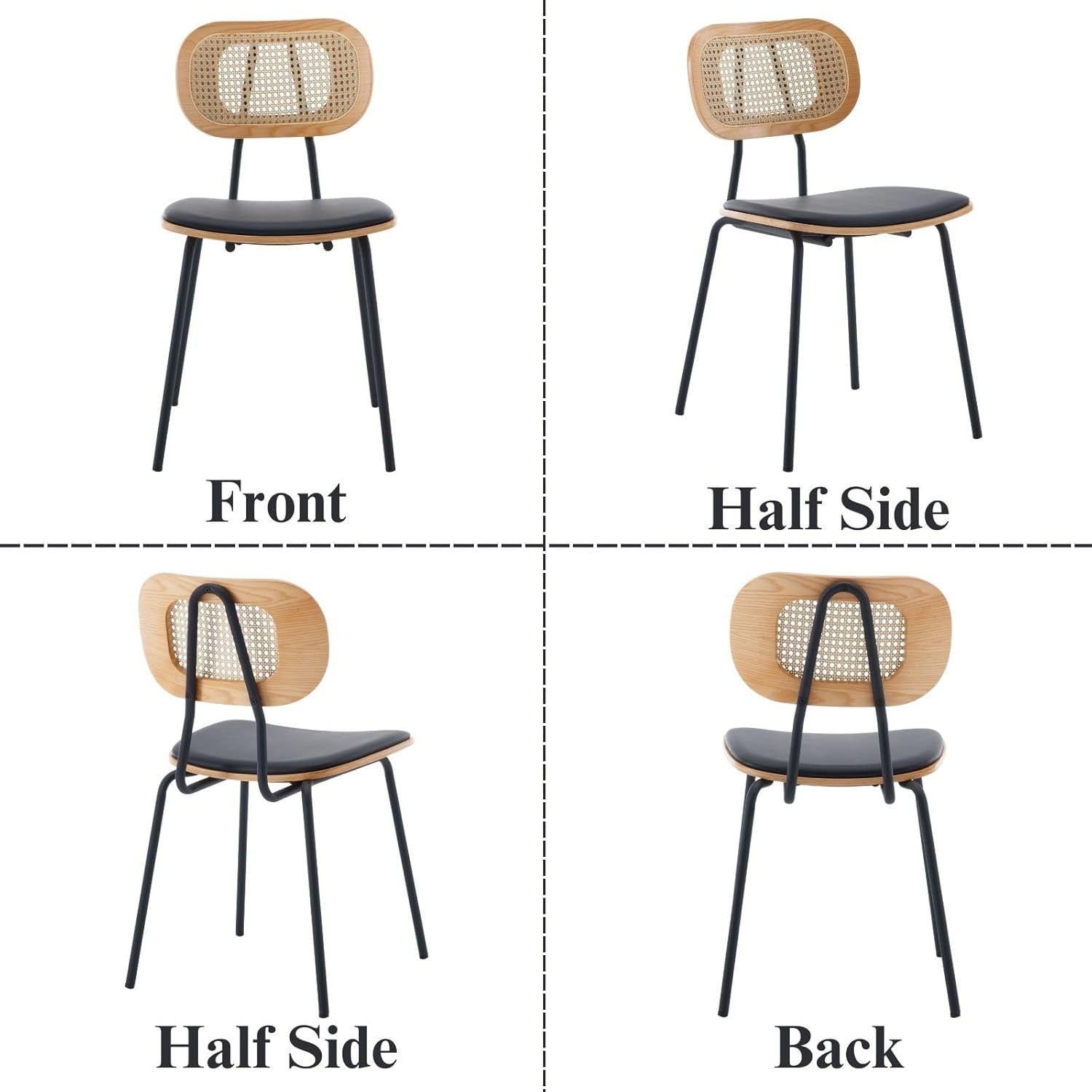 Rattan Dining Chairs Set of 2 Black Metal Legs Modern Kitchen Dining Seats