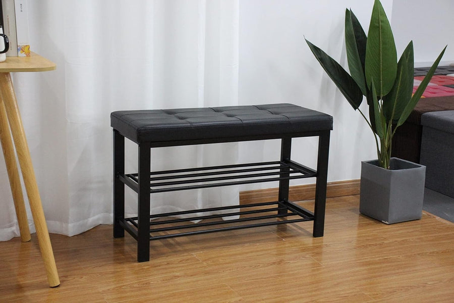 3 Tier Shoe Rack Bench with Leather Tufted Seat Storage Organiser 82cm