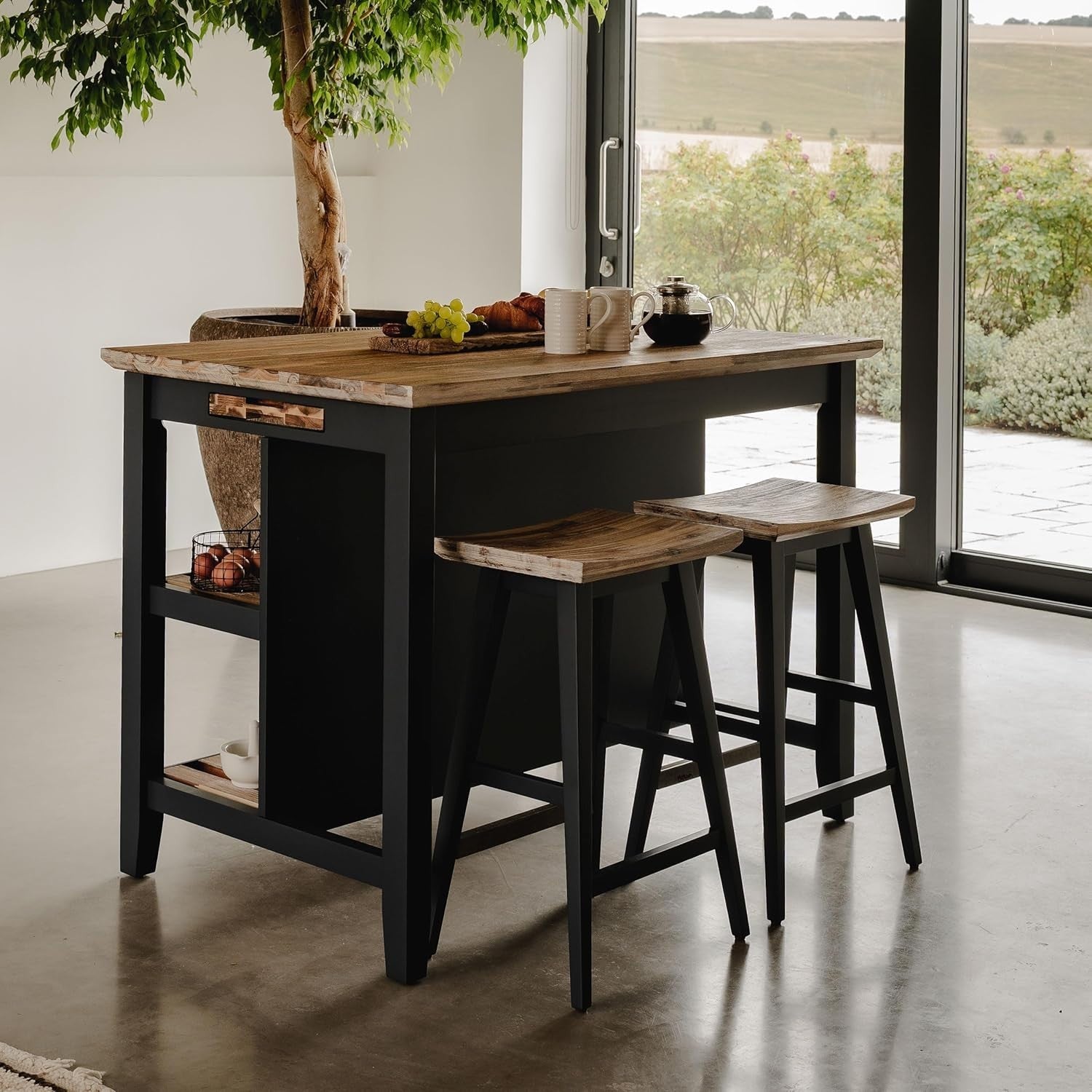 Breakfast Bar with Acacia Wood Top Storage Shelves Kitchen Island Navy Blue