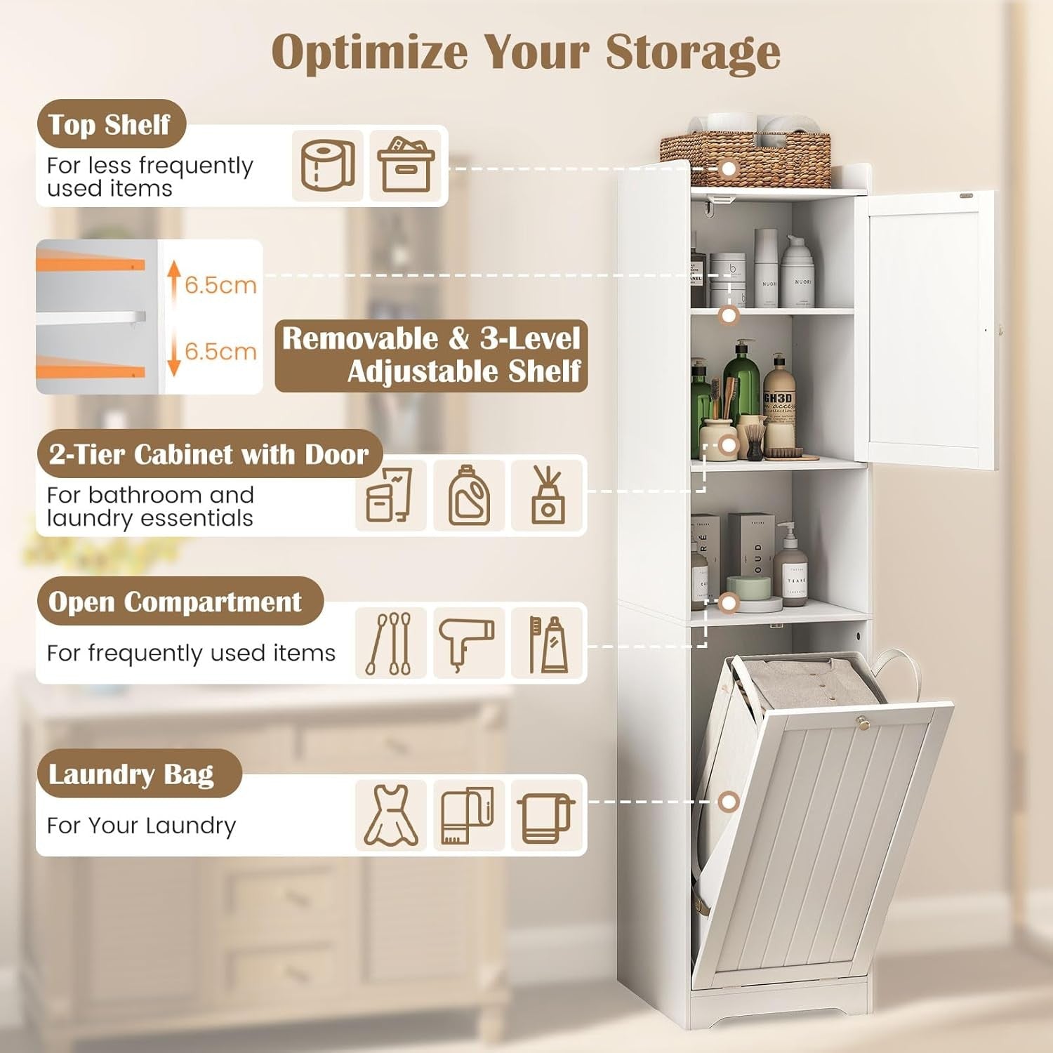 Tall Bathroom Cabinet with Tilt-Out Laundry Basket & Adjustable Shelves | Slim 1