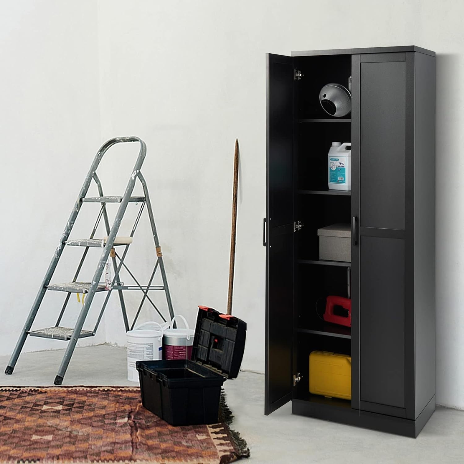 Tall Storage Cabinet w/ Adjustable Shelves, 2 Doors, Freestanding Cupboard