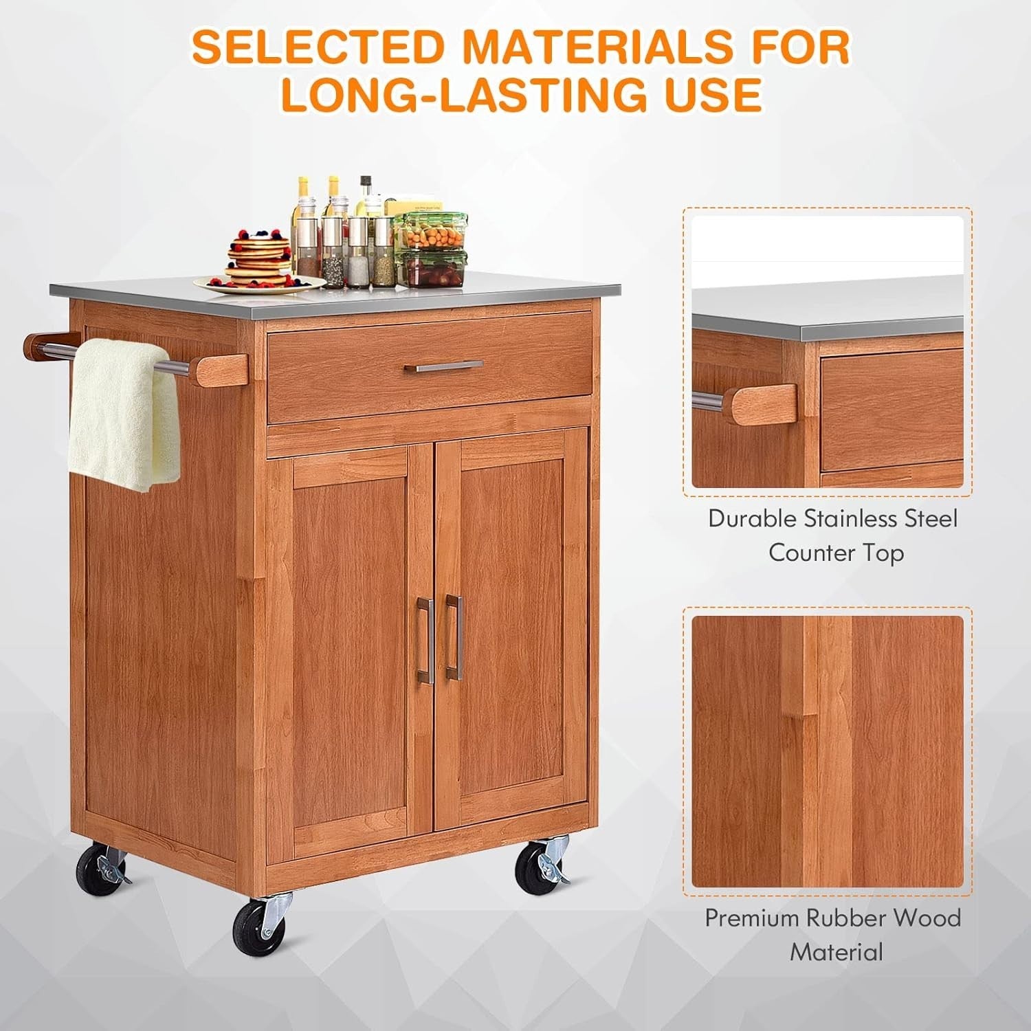 Kitchen Island Trolley Stainless Steel Top Cabinet Cart