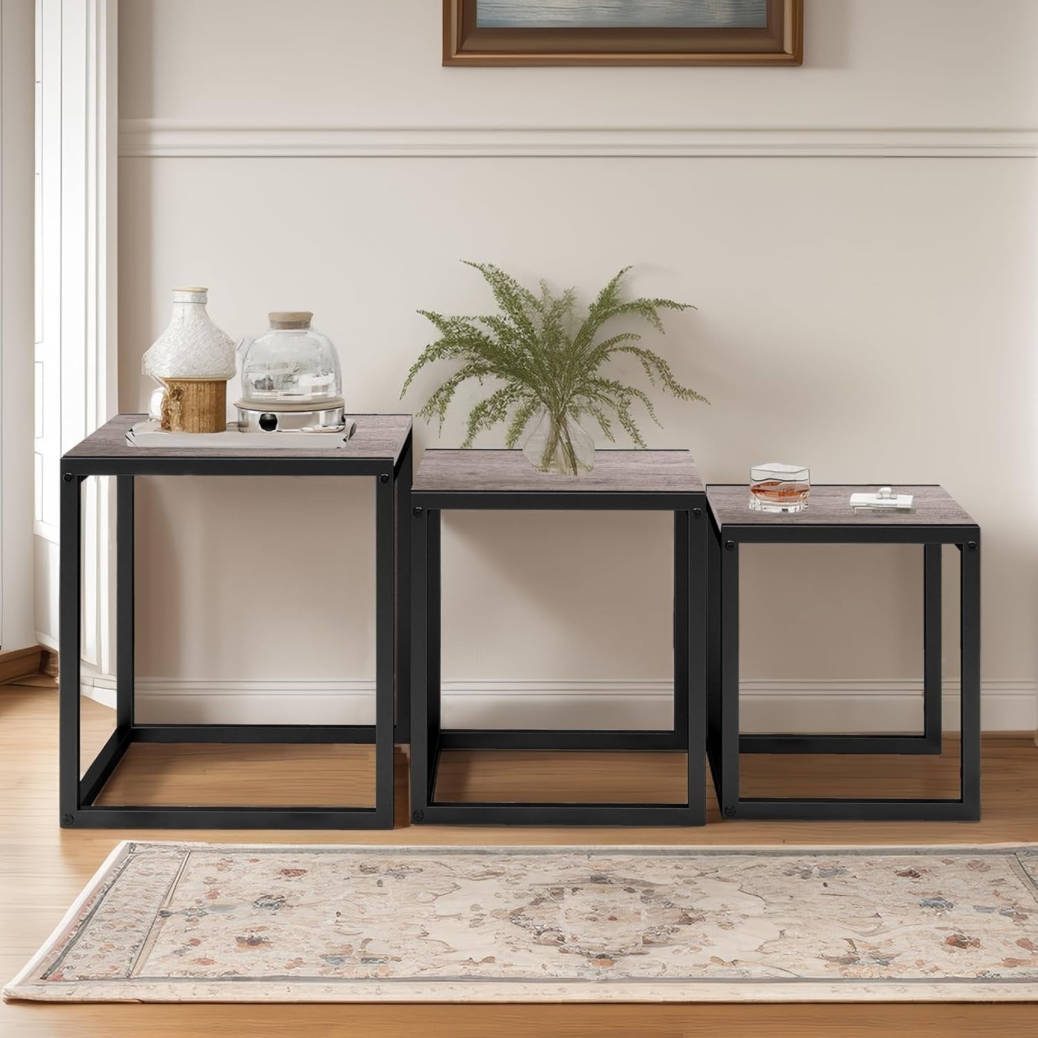 Nesting Coffee Tables Set of 3 Square Side End Table Grey Space Saving Easy Asse