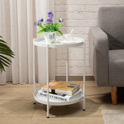 Small Round Metal Side Table 2-Tier Coffee Table Removable Tray White
