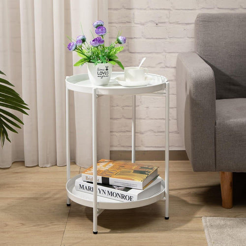Small Round Metal Side Table 2-Tier Coffee Table Removable Tray White