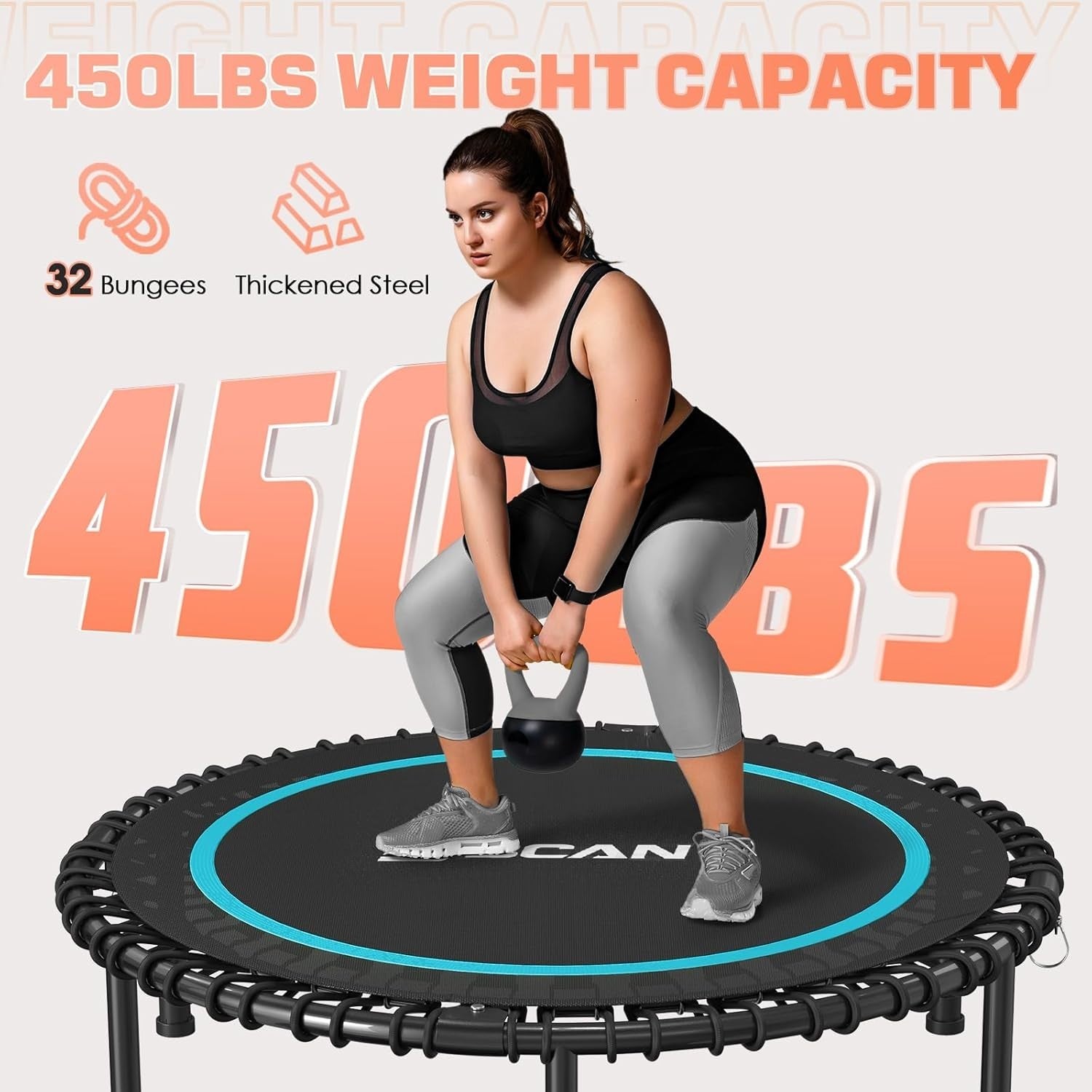 40in Fitness Rebounder Trampoline Adjustable Handle Silent Bungee 450lb