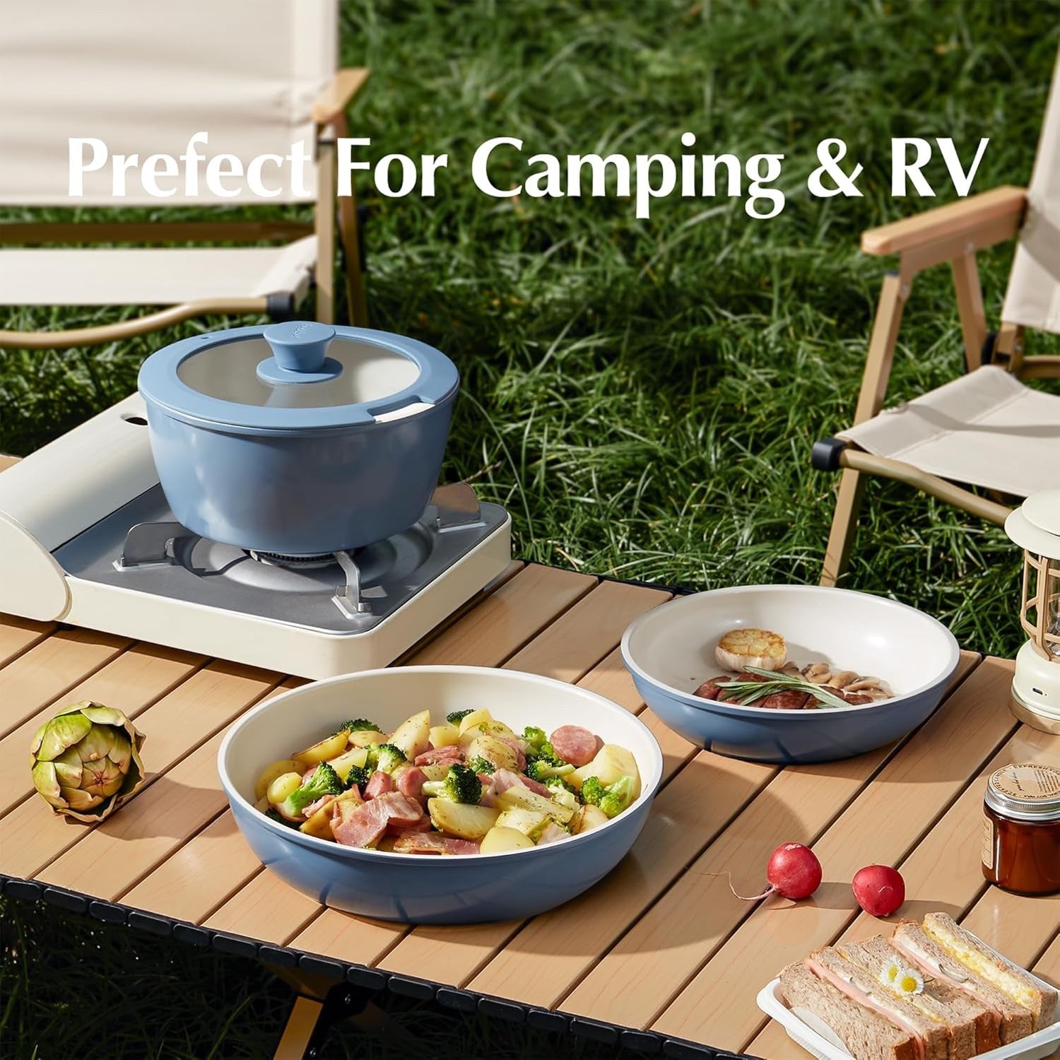 5pcs Blue Non Stick Ceramic Cookware Set with Detachable Handle Induction Safe