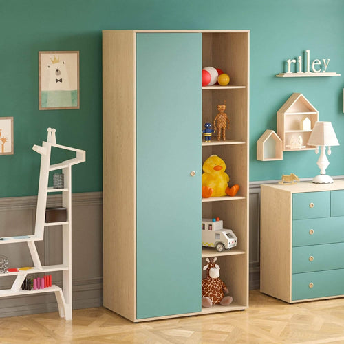 Children’s Wardrobe with Shelves & Rail, Blue Oak Kids Storage Cabinet