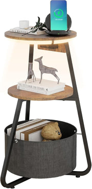 Round Side Table with Charging Station, 3-Color LED & 3-Tier Storage Shelf