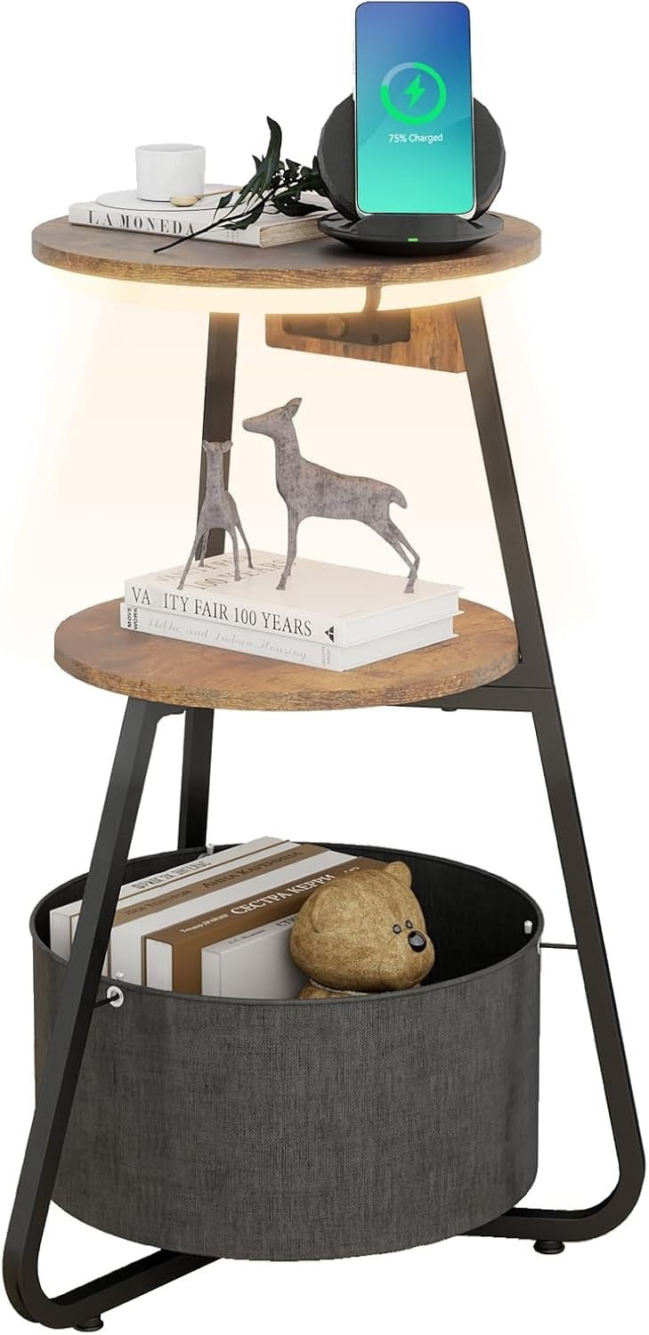 Round Side Table with Charging Station, 3-Color LED & 3-Tier Storage Shelf
