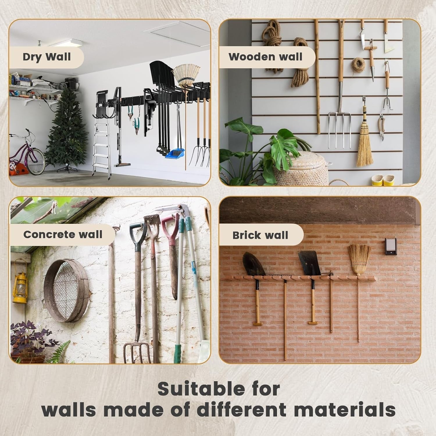 Wall-Mount Garden Tool Rack 81cm 6 Hooks & 2 Straps Garage Organizer