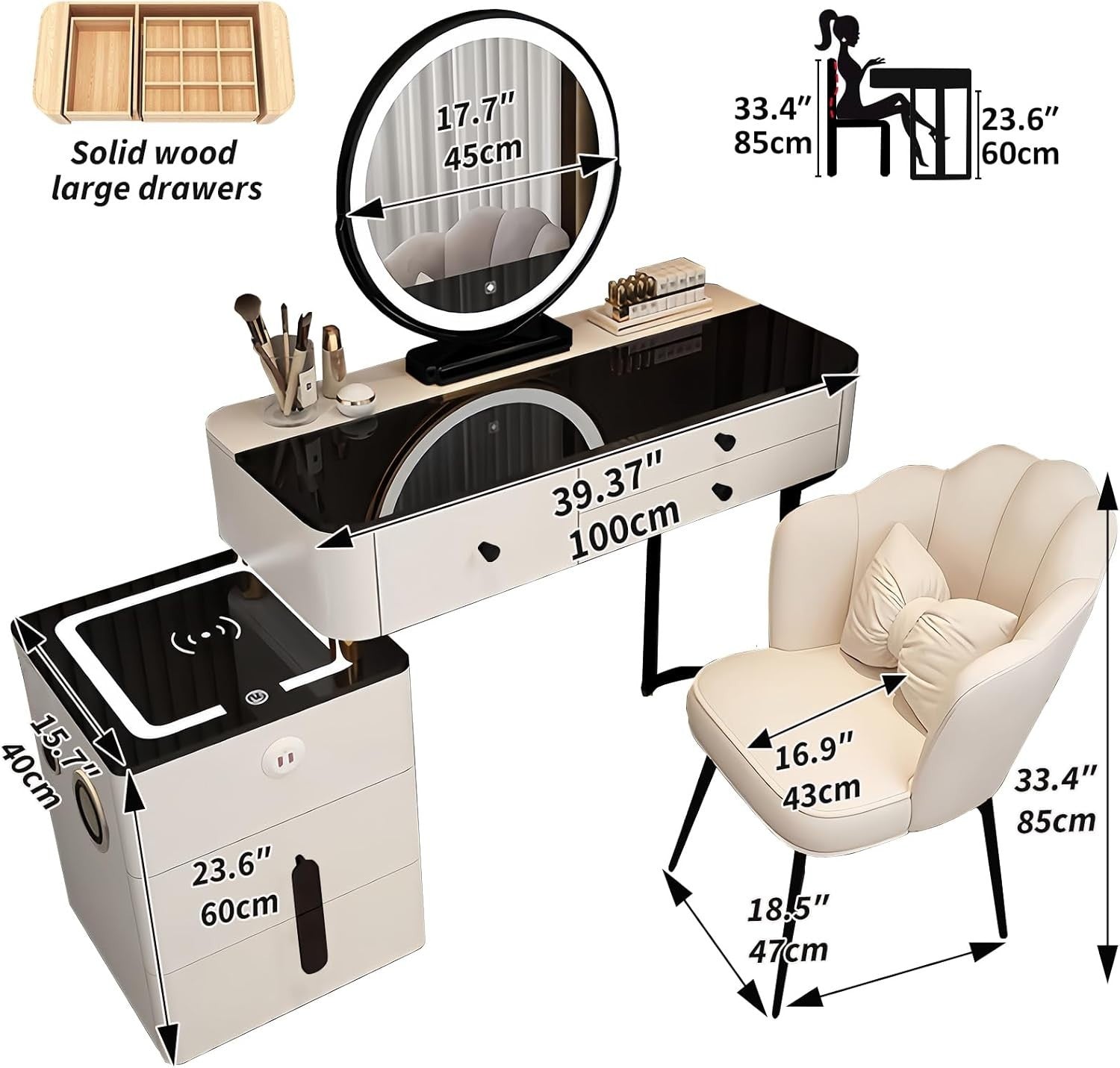 Smart Makeup Vanity Dressing Table Desk w/ 3-Color LED Mirror & Wireless Charge