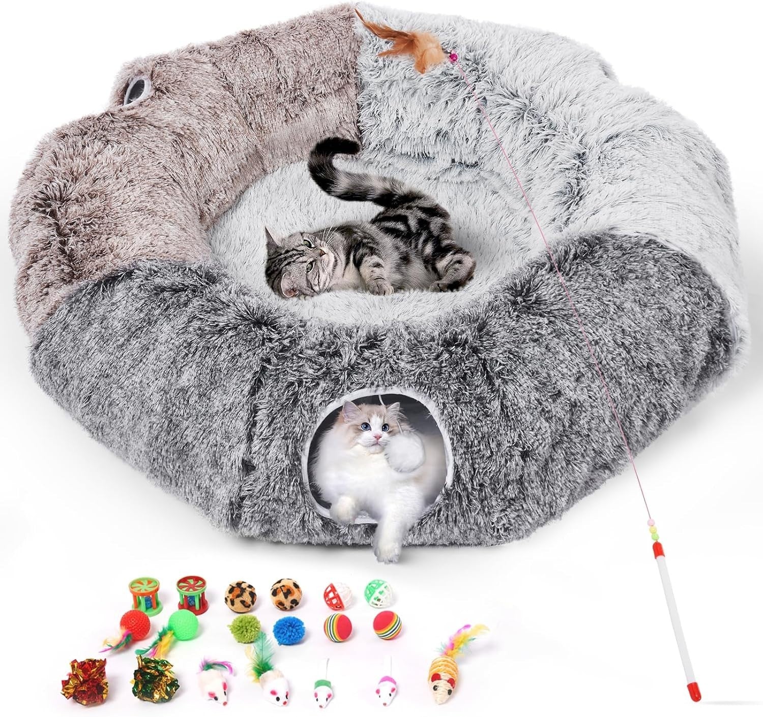 Extra Large Cat Tunnel Bed Donut Foldable Play Tunnel w Toy Set