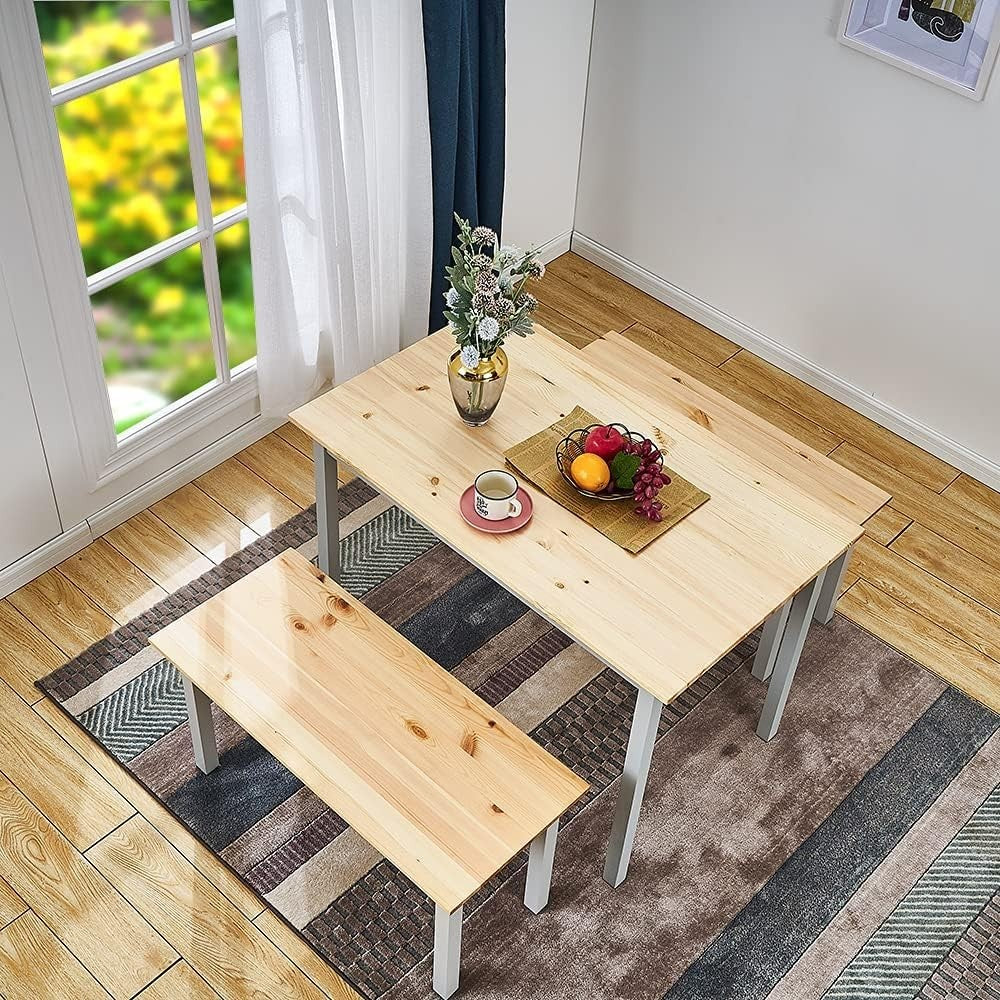 Solid Pine Dining Table & 2 Benches Set | Durable Kitchen Furniture Grey