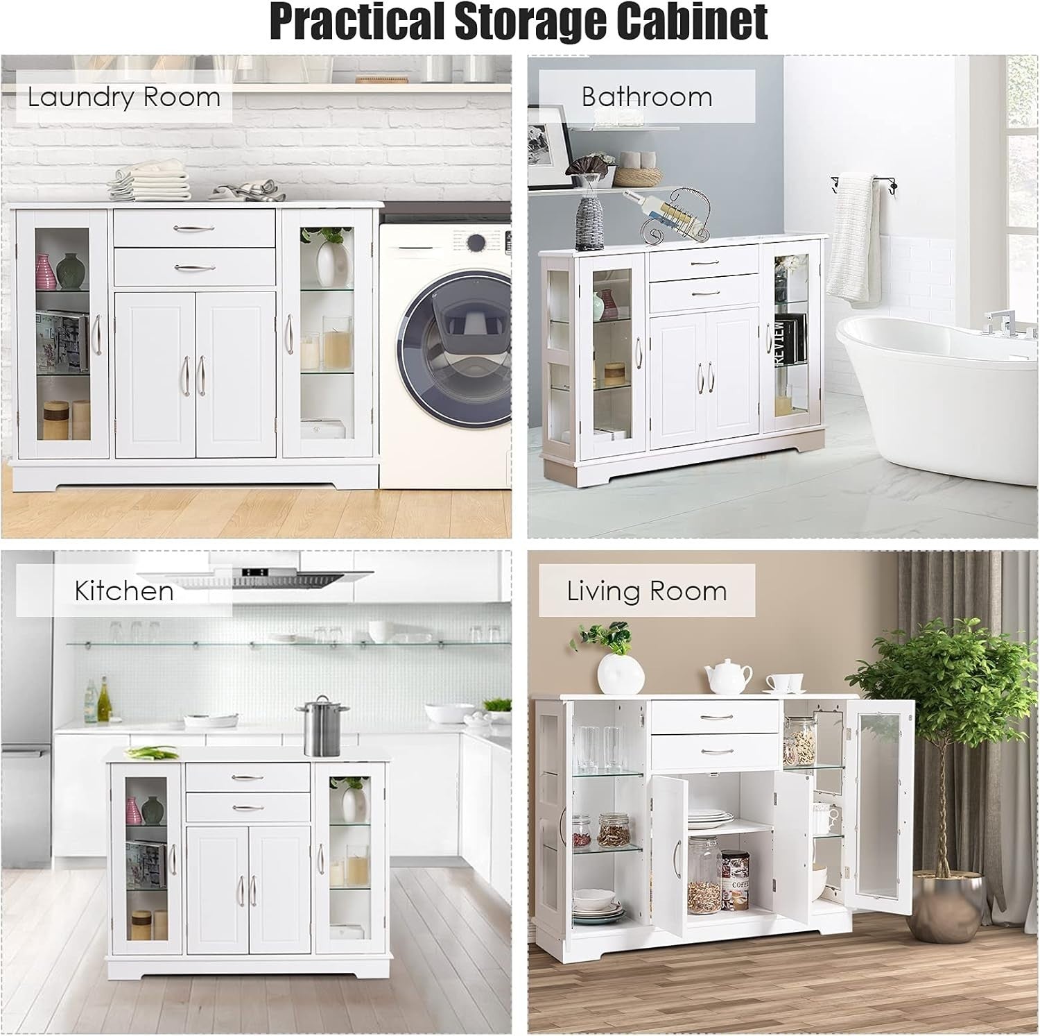 White  Sideboard Buffet Cabinet Glass Doors Storage Unit with Drawers