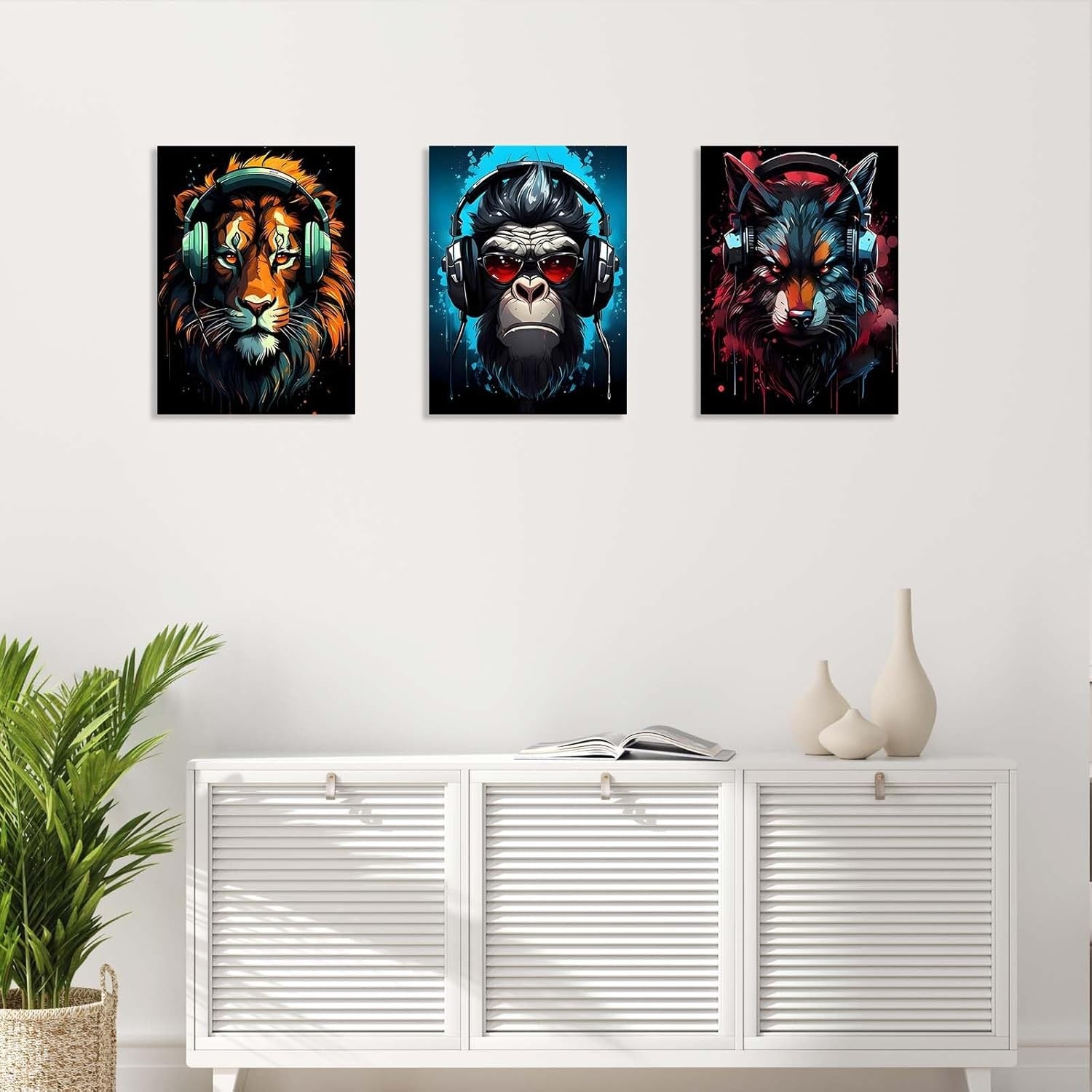 Set of 3 Music Animal Canvas Wall Art 12x16 Framed Lion Gorilla Wolf