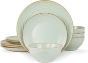 12pc Stoneware Dinner Set Light Green Gold Rim Plates Bowls Dishwasher Safe
