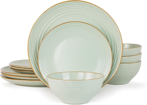 12pc Stoneware Dinner Set Light Green Gold Rim Plates Bowls Dishwasher Safe