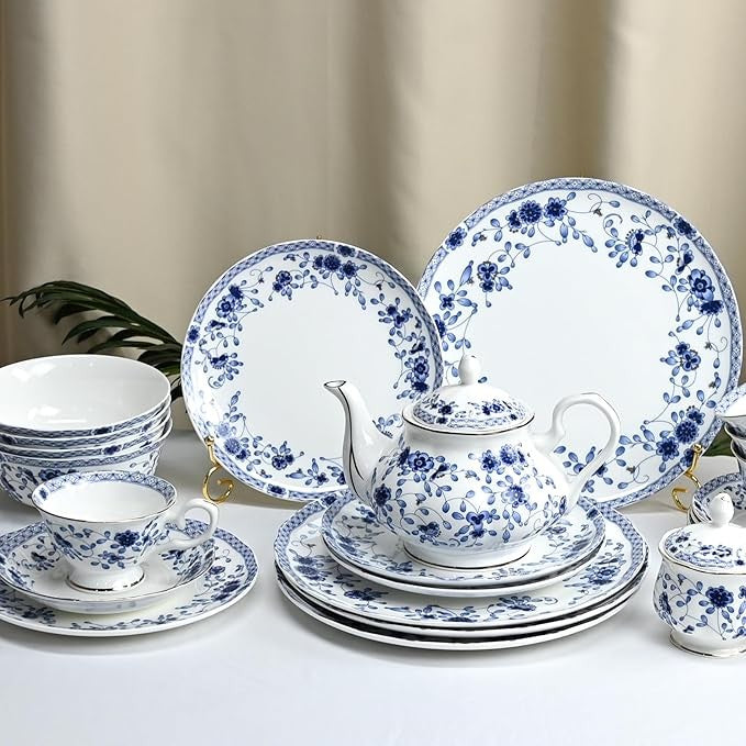 12pc Bone China Dinnerware Set Blue White Plates Bowls Service for 4