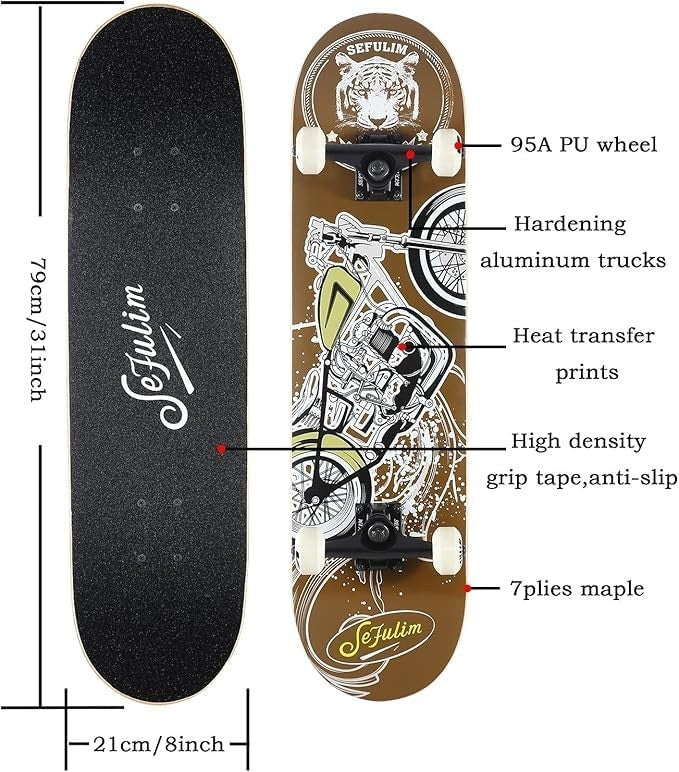 31in Maple Skateboard Complete Double Kick Cruiser Trick Board Moto
