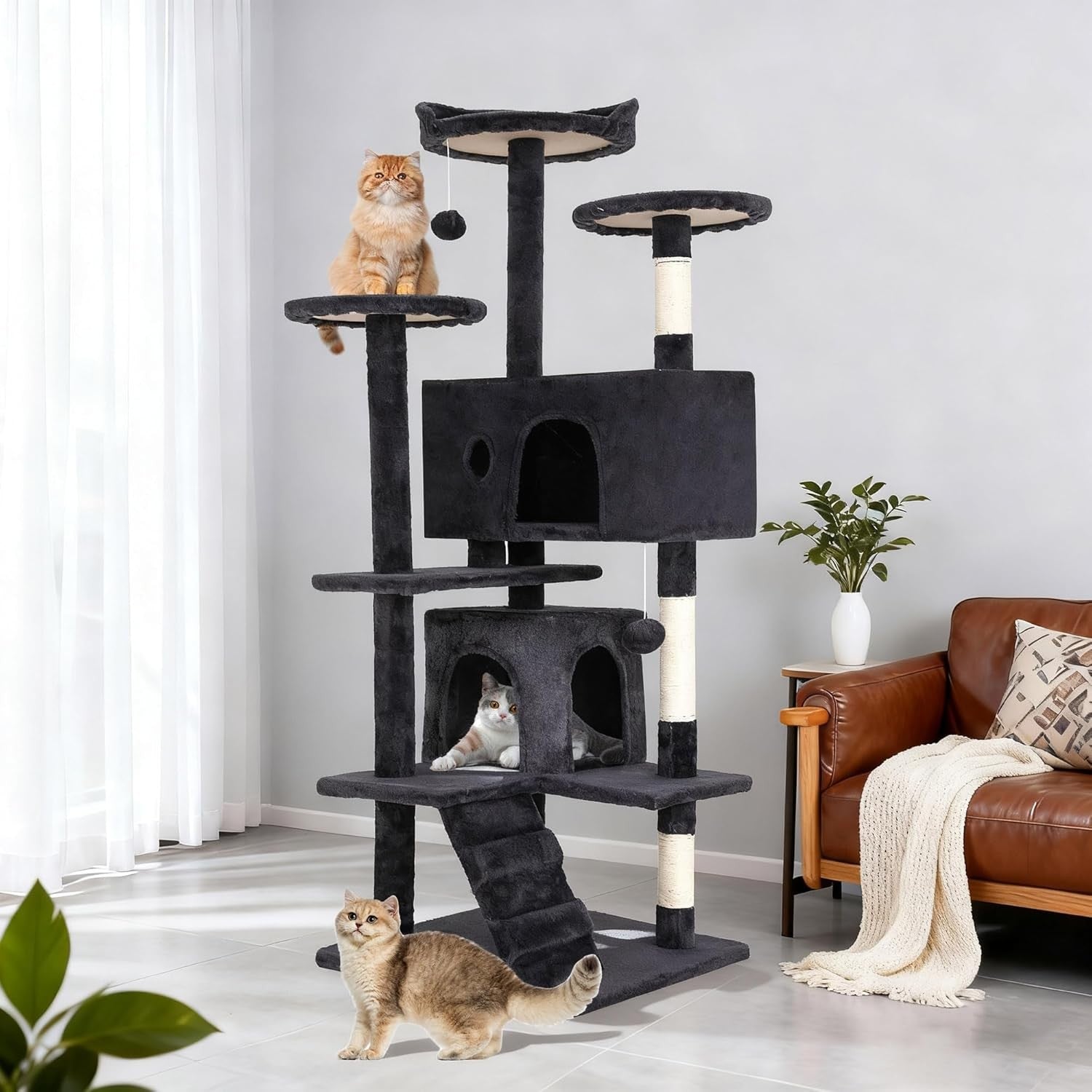 Dark Grey Cat Tree Tower 139cm Multi Level Condo with Scratching Posts