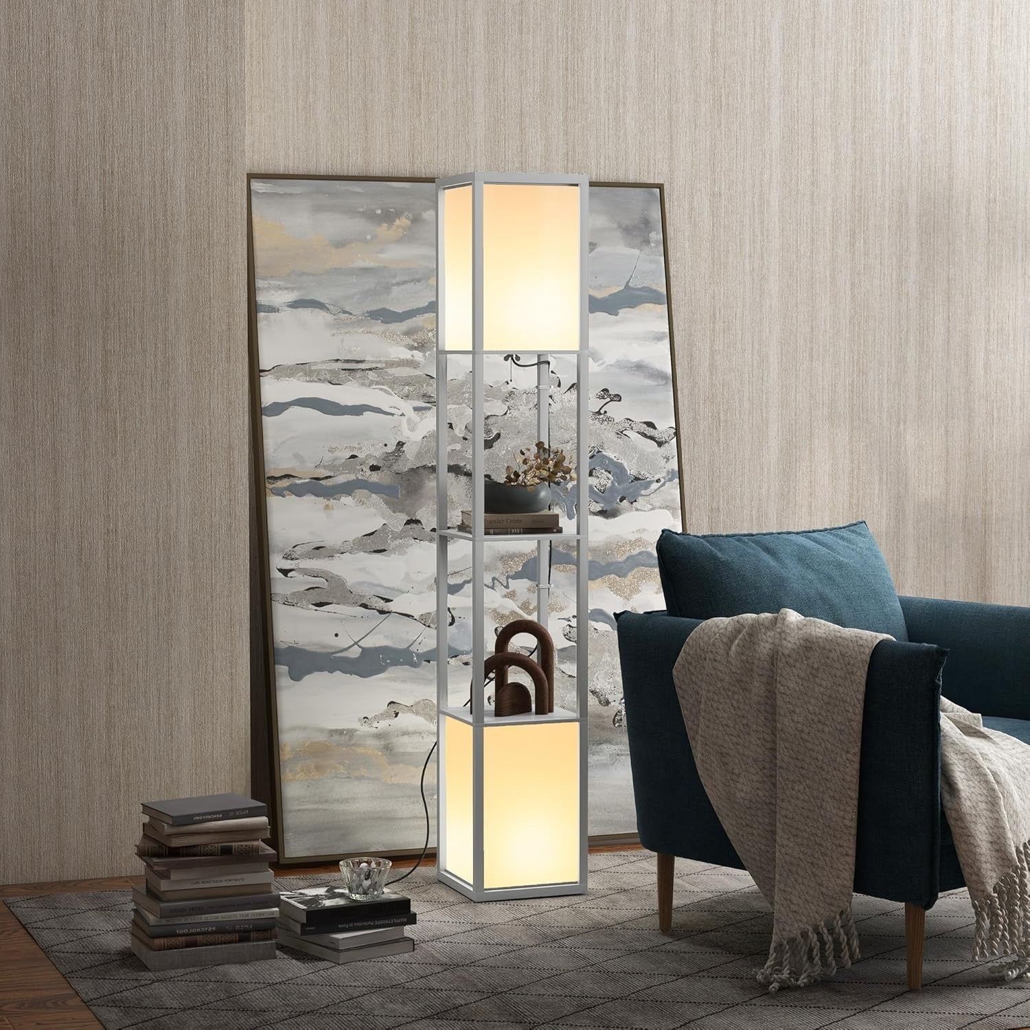 Floor Lamp with Shelves Dual Light Modern Corner Standing Lamp Fabric Shade