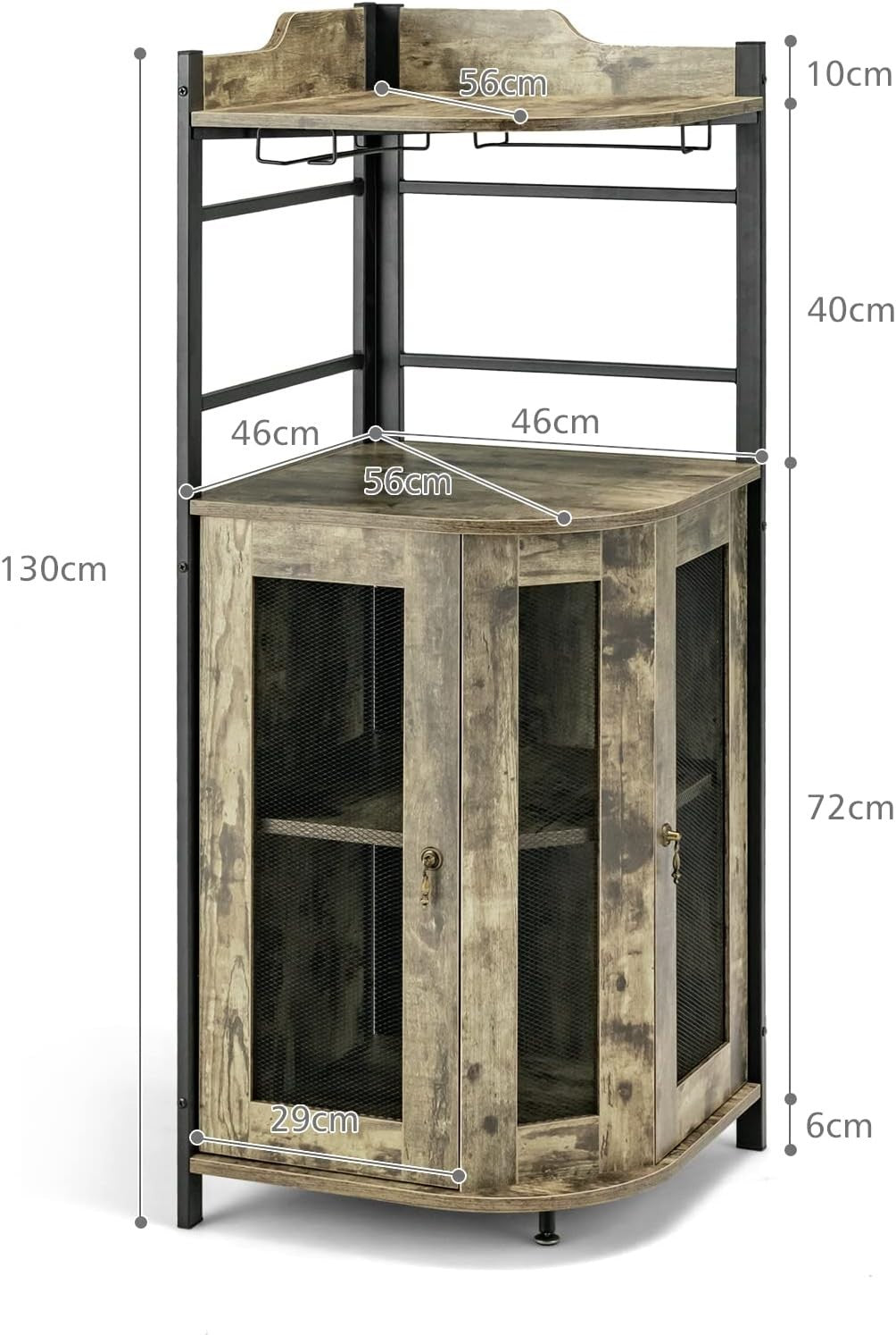 Corner Bar Cabinet with Wine Rack & Glass Holders, Industrial Oak Grey