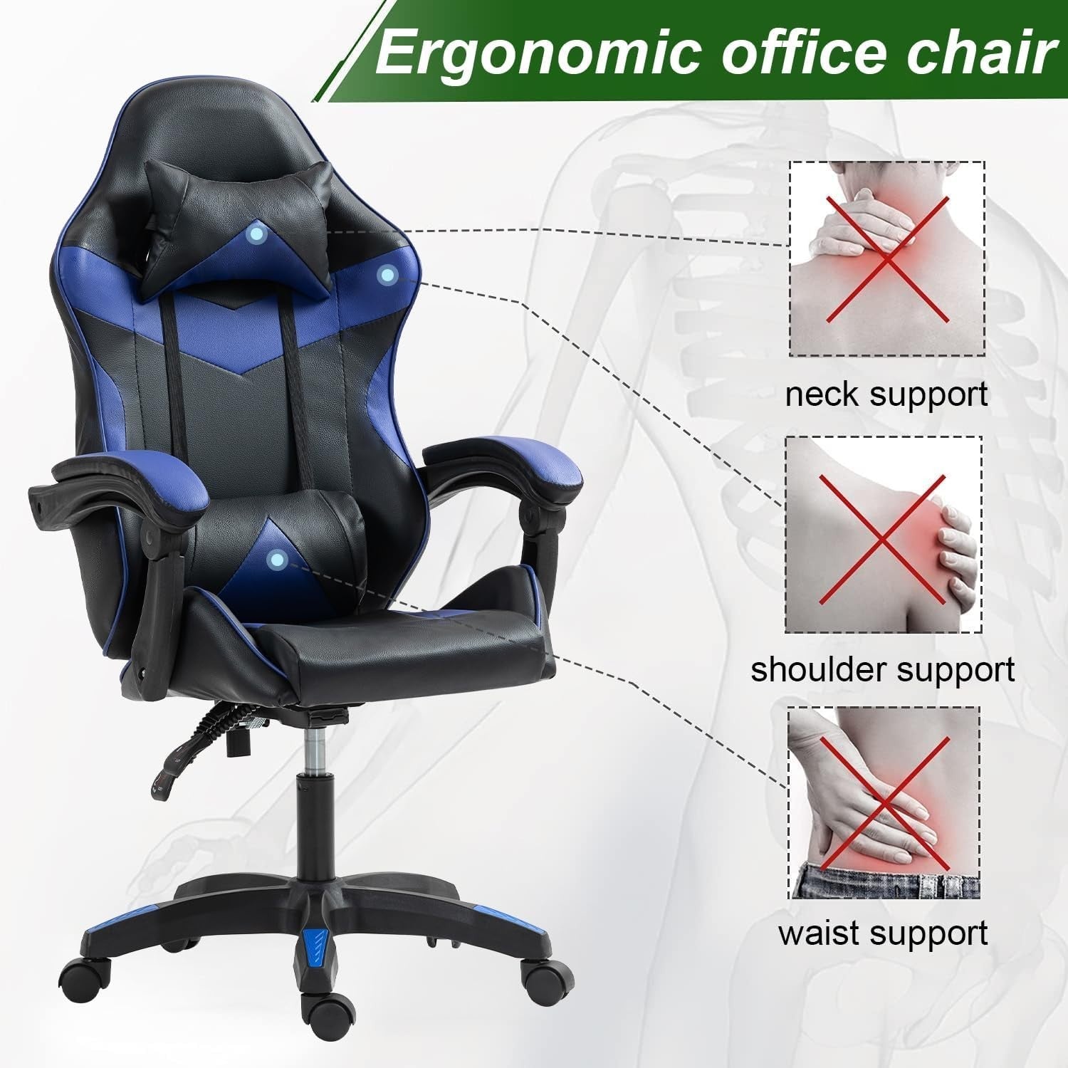 Blue Gaming Chair Reclining Swivel Office Desk Computer Faux Leather Medium