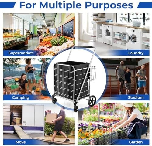 126L Foldable Shopping Trolley Cart – Heavy-Duty Metal, Waterproof, Black+Silver