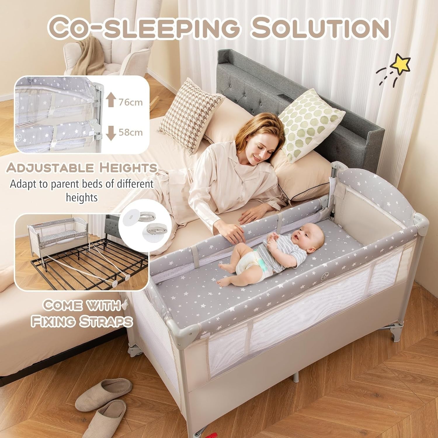 5in1 Baby Travel Cot Foldable Crib with Mattress Basket Changer & Storage Beige