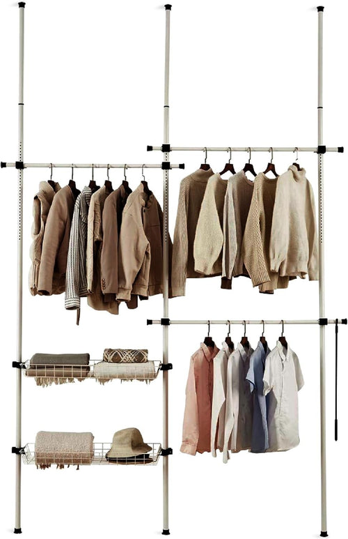 Double Telescopic Wardrobe Organiser with Baskets White