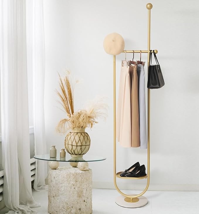 Luxury Gold U-Shaped Marble Coat Rack Stand Metal Clothes Organizer for Bedroom