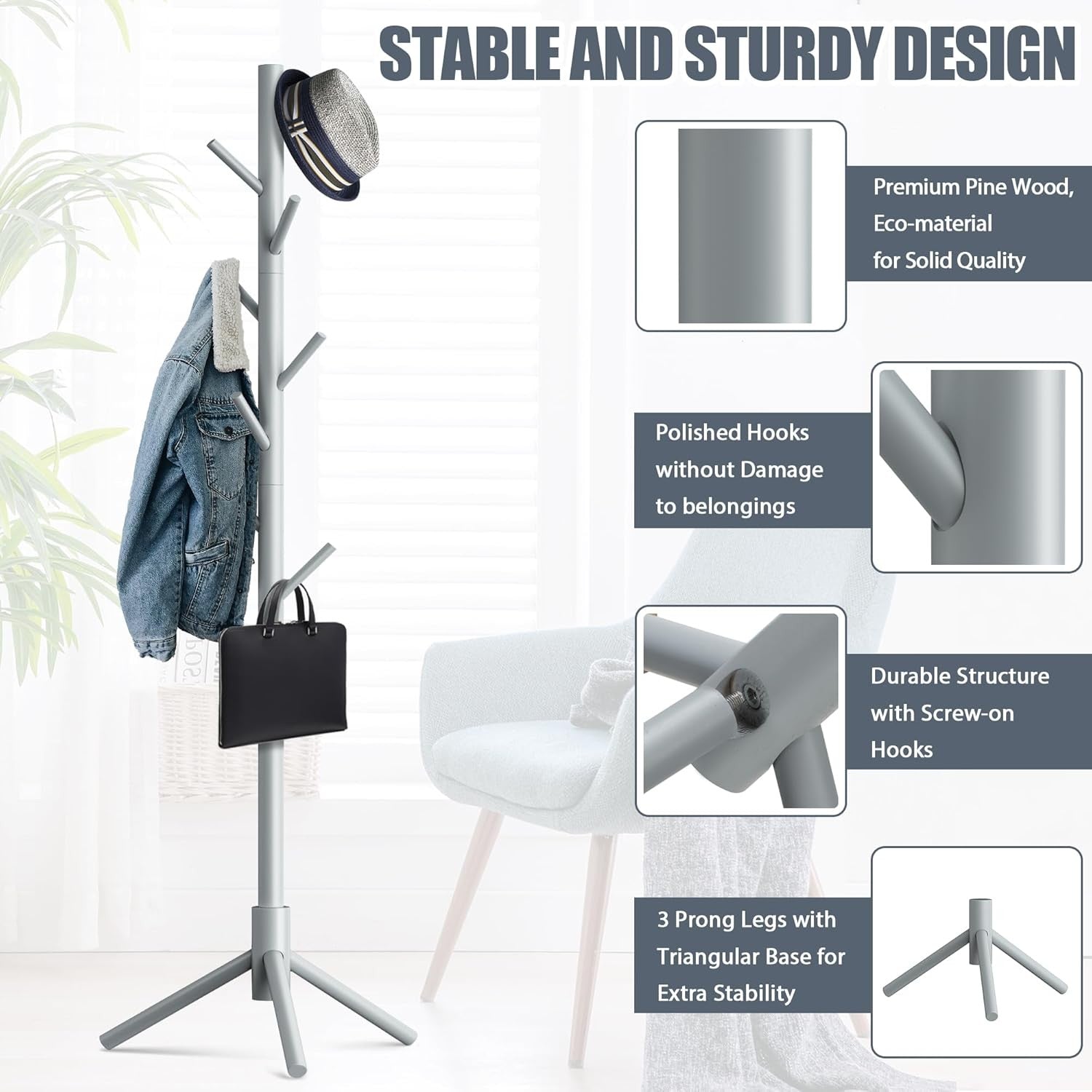 Grey Wooden Coat Rack Stand 8 Hooks Adjustable Hall Tree for Coats Hats Bags