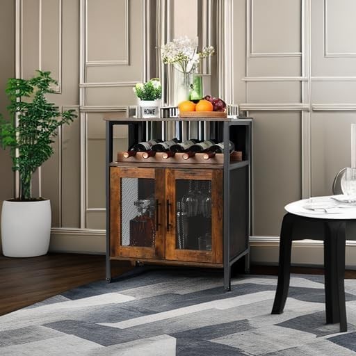 Wine Bar Cabinet with Glass Holder & Bottle Rack | Rustic Brown Sideboard