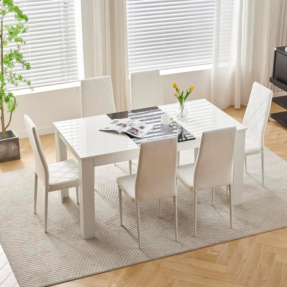 Modern White Dining Table Set 6 Velvet Chairs | Space-Saving Kitchen